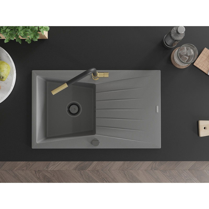 Mexen Cesar vienos kameros granito plautuvė su nutekamu ir Flora virtuvės maišytuvu, pilka - 6514-71-670401-57-B