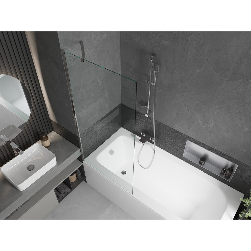 Mexen Vega stačiakampė vonia 170 x 70 cm su apdaila ir vienaširdžiu 80 cm pertvaru, permatomas, chromas
