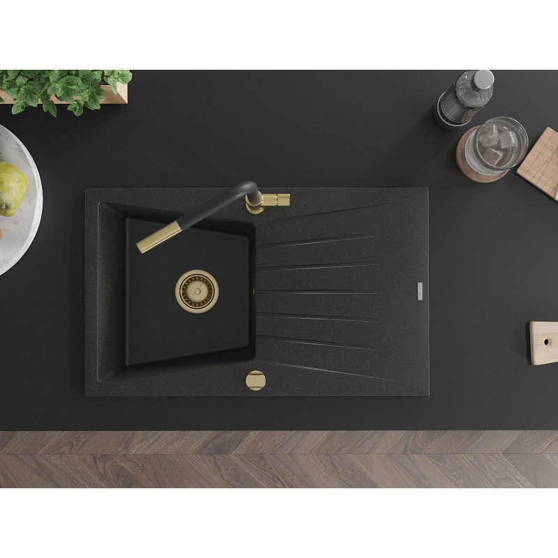 Mexen Cesar vienos kameros granito plautuvė su drenažu ir Flora virtuviniu maišytuvu, juoda/sidabrinė metalika
