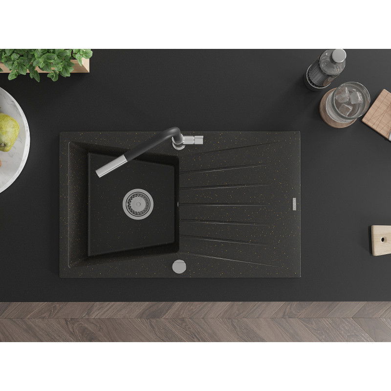 Mexen Cesar granitinė plautuvė su vienu dubeniu su drenažu ir Flora virtuviniu maišytuvu, juoda/aukso metaliko