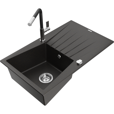Mexen Cesar granitinė plautuvė su vienu dubeniu su drenažu ir Flora virtuviniu maišytuvu, juoda/aukso metaliko