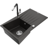 Mexen Cesar granitinė plautuvė su vienu dubeniu su drenažu ir Flora virtuviniu maišytuvu, juoda/aukso metaliko