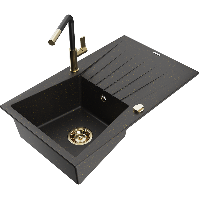 Mexen Cesar granitinė vieno dubens plautuvė su nusausinimo zona ir Flora virtuvės maišytuvu, juodas/auksinio metalo