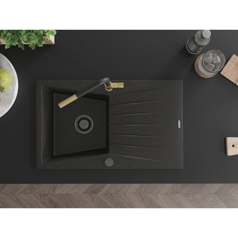 Mexen Cesar granitinė vienaaukštė kriauklė su nusausintuvu ir virtuviniu maišytuvu Flora, juoda/aukso metalikas
