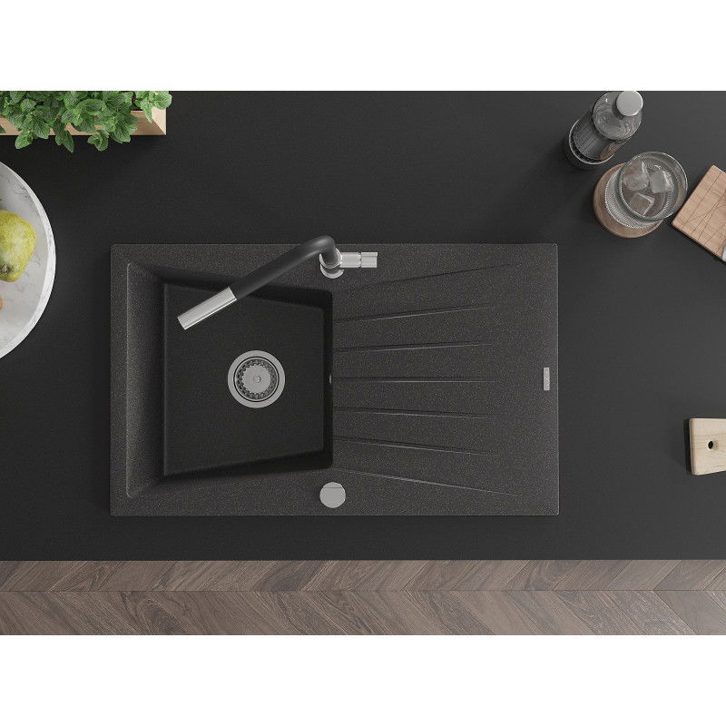 Mexen Cesar granito plautuvė 1 indelio su nutekėjimu ir virtuviniu maišytuvu Flora, juodas taškuotas - 6514-76-670401-07