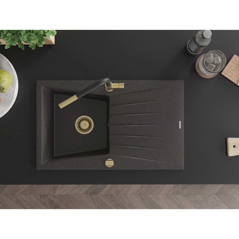 Mexen Cesar granitinė vieno dubens kriauklė su stalčiumi ir Flora virtuviniu maišytuvu, juoda su taškeliais