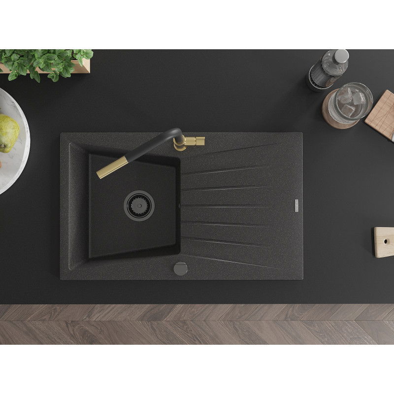 Mexen Cesar granito plautuvė vienos kameros su nusausintuvu ir Flora virtuviniu maišytuvu, juoda taškuota - 6514-76-670401-57-B