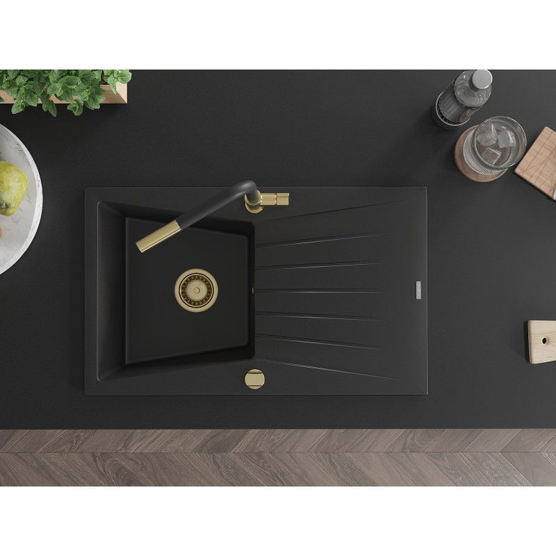 Mexen Cesar granitinis virtuvės kriauklė 1 dubens su nusausintuvu ir virtuvės maišytuvu Flora, juodas - 6514-77-670401-57-G