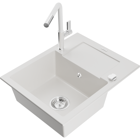 Mexen Enzo granitinis vienos kameros kriauklė su nuvarvėjimo lenta ir virtuviniu maišytuvu Flora, baltas - 6506-20-670401-02