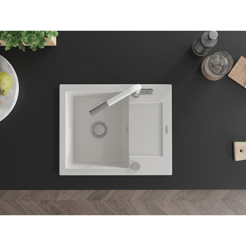 Mexen Enzo granitinis vienos kameros kriauklė su nuvarvėjimo lenta ir virtuviniu maišytuvu Flora, baltas - 6506-20-670401-02