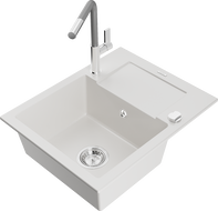 Mexen Enzo vientisas granitinis plautuvas su džiovintuvu ir virtuvės maišytuvu Flora, baltas - 6506-20-670401-06