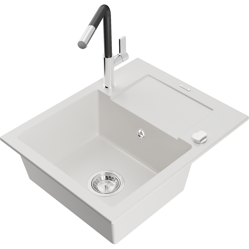 Mexen Enzo granito plautuvė su viena dubenimi su drenažu ir virtuviniu maišytuvu Flora, balta - 6506-20-670401-07