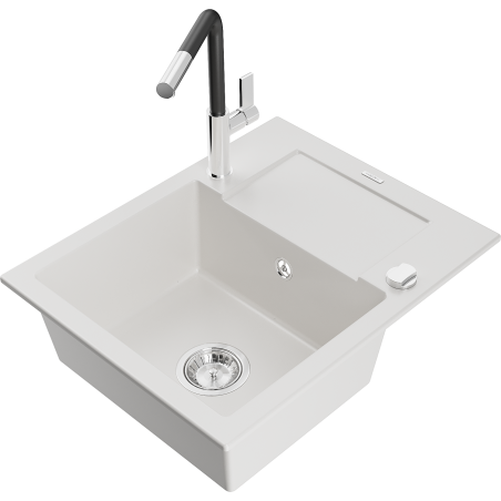 Mexen Enzo granito plautuvė su viena dubenimi su drenažu ir virtuviniu maišytuvu Flora, balta - 6506-20-670401-07