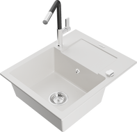 Mexen Enzo granito plautuvė su viena dubenimi su drenažu ir virtuviniu maišytuvu Flora, balta - 6506-20-670401-07