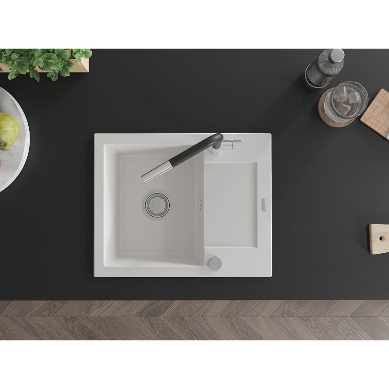 Mexen Enzo granito plautuvė su viena dubenimi su drenažu ir virtuviniu maišytuvu Flora, balta - 6506-20-670401-07
