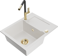 Mexen Enzo vienos kameros granitinis virtuvės kriauklė su nutekėjimu ir Flora virtuvės maišytuvu, baltas - 6506-20-670401-57-G