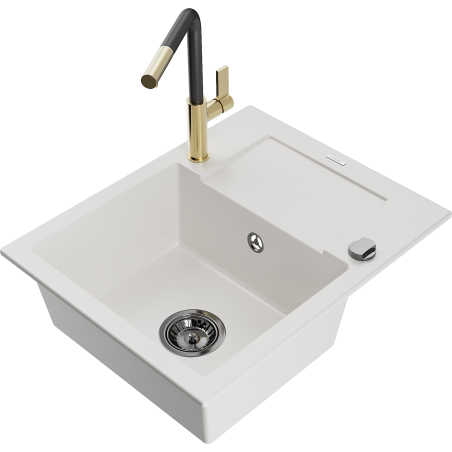 Mexen Enzo 1 skylių virtuvės granitinė plautuvė su nuvarveklė ir virtuvės maišytuvas Flora, balta - 6506-20-670401-57-B