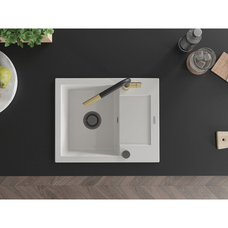 Mexen Enzo 1 skylių virtuvės granitinė plautuvė su nuvarveklė ir virtuvės maišytuvas Flora, balta - 6506-20-670401-57-B