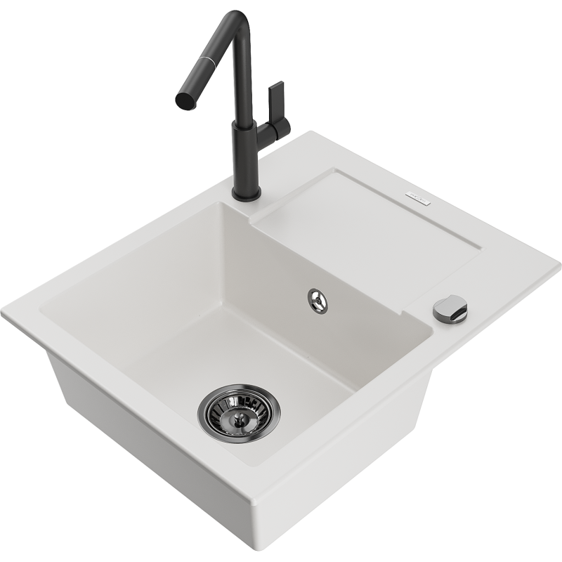 Mexen Enzo granito kriauklė su vienu dubeniu ir nusausintuvu bei virtuviniu maišytuvu Flora, balta - 6506-20-670401-70-B