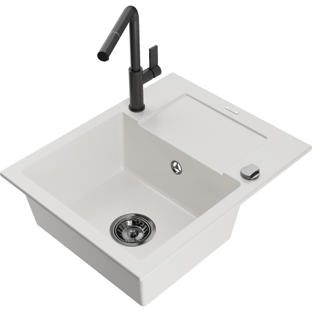 Mexen Enzo granito kriauklė su vienu dubeniu ir nusausintuvu bei virtuviniu maišytuvu Flora, balta - 6506-20-670401-70-B