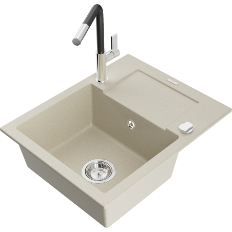 Mexen Enzo granitinė vienos kameros kriauklė su nusausintuvu ir virtuviniu maišytuvu Flora, smėlio spalvos