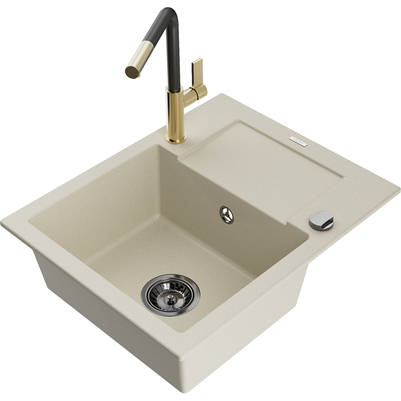 Mexen Enzo vienos kameros granitinė kriauklė su drenažu ir Flora virtuviniu maišytuvu, smėlio spalvos - 6506-69-670401-57-B
