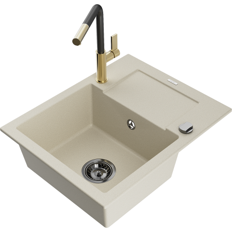 Mexen Enzo vienos kameros granitinė kriauklė su drenažu ir Flora virtuviniu maišytuvu, smėlio spalvos - 6506-69-670401-57-B