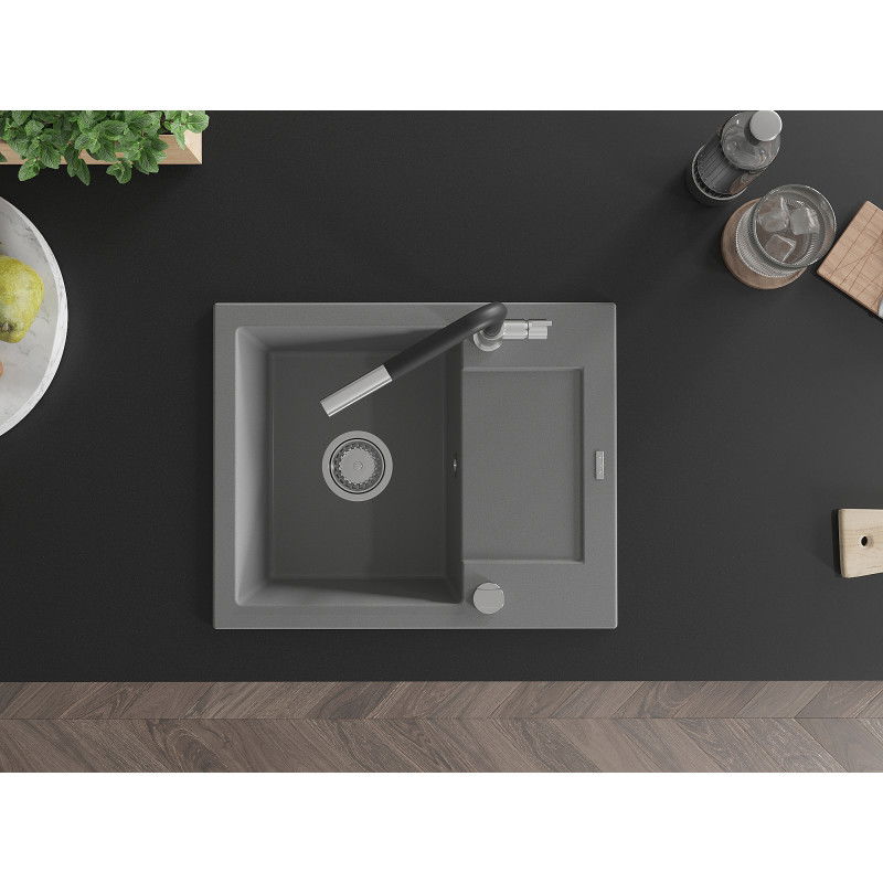 Mexen Enzo vienos kameros granitinė plautuvė su nusausinimo zona ir virtuvės maišytuvu Flora, pilka - 6506-71-670401-07