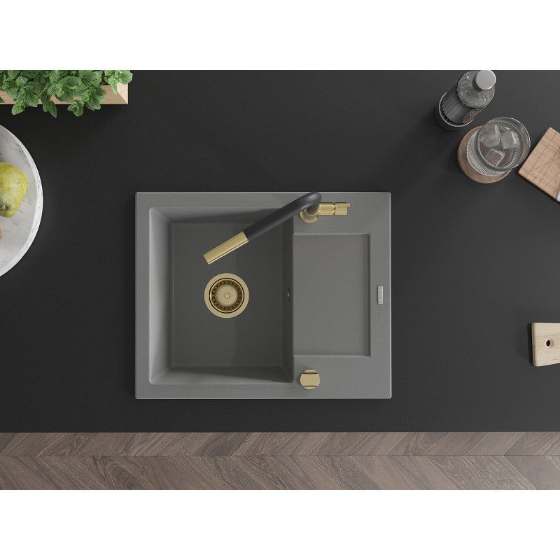 Mexen Enzo vienos kameros granitinis plautuvė su nutekamu ir virtuvės maišytuvu Flora, pilkas - 6506-71-670401-57-G