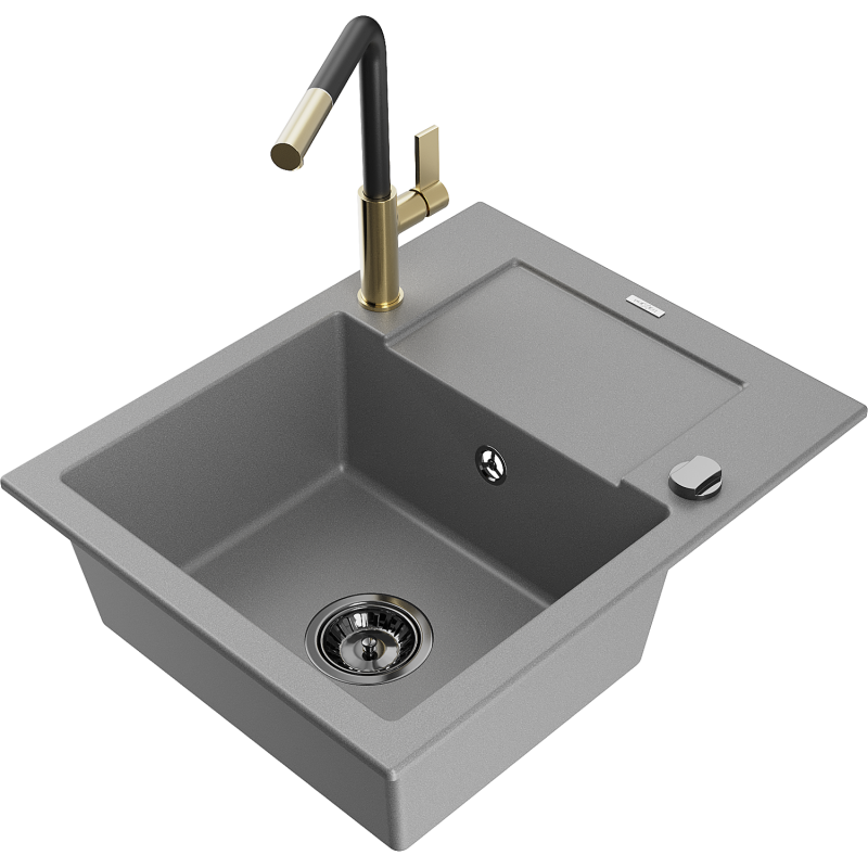 Mexen Enzo vienos kameros granitinė kriauklė su nusausintuvu ir virtuviniu maišytuvu Flora, pilka - 6506-71-670401-57-B