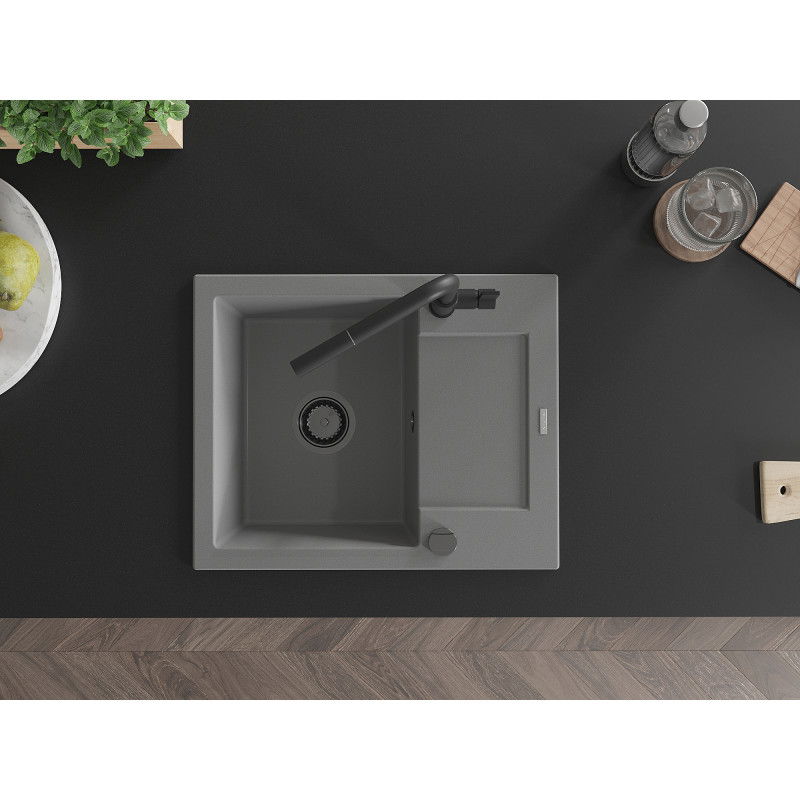 Mexen Enzo vienos komorų granitinė plautuvė su nutekamąja dalimi ir Flora virtuvės maišytuvu, pilka - 6506-71-670401-70-B
