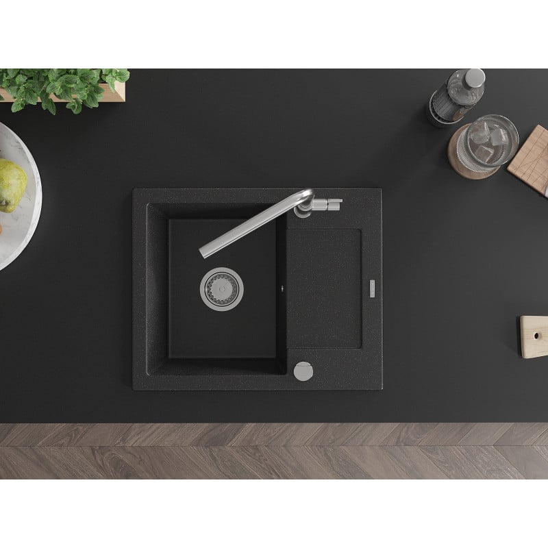 Mexen Enzo granitinė vienos dalies kriauklė su nutekėjimo zona ir Flora virtuviniu maišytuvu, juodas/sidabrinis metalikas