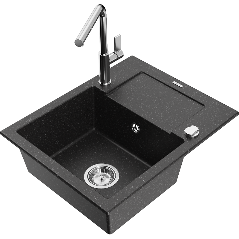 Mexen Enzo granitinė vienos dalies kriauklė su nutekėjimo zona ir Flora virtuviniu maišytuvu, juodas/sidabrinis metalikas