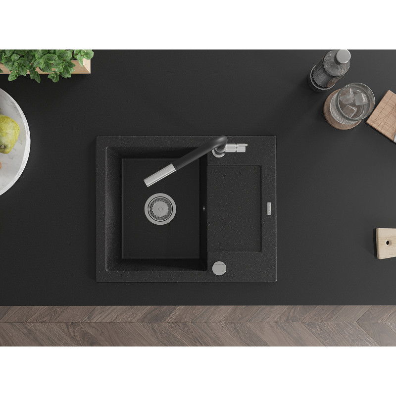 Mexen Enzo granitinė vienos kameros plautuvė su nusausintuvu ir virtuviniu maišytuvu Flora, juoda/sidabrinis metalikas