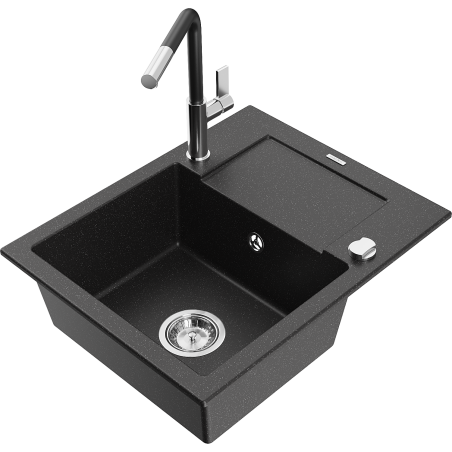 Mexen Enzo granitinė vienos kameros plautuvė su nusausintuvu ir virtuviniu maišytuvu Flora, juoda/sidabrinis metalikas