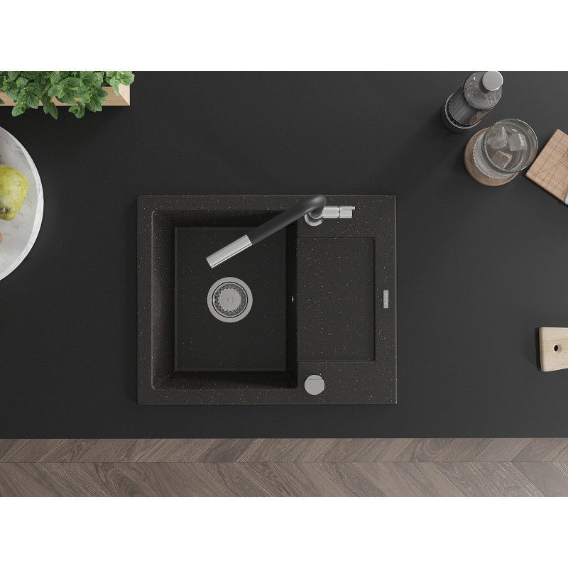 Mexen Enzo grindinis virtuvės kriauklė su vienos komoros nutekamuoju paviršiumi ir maišytuvu Flora, juodos/auksinės spalvos