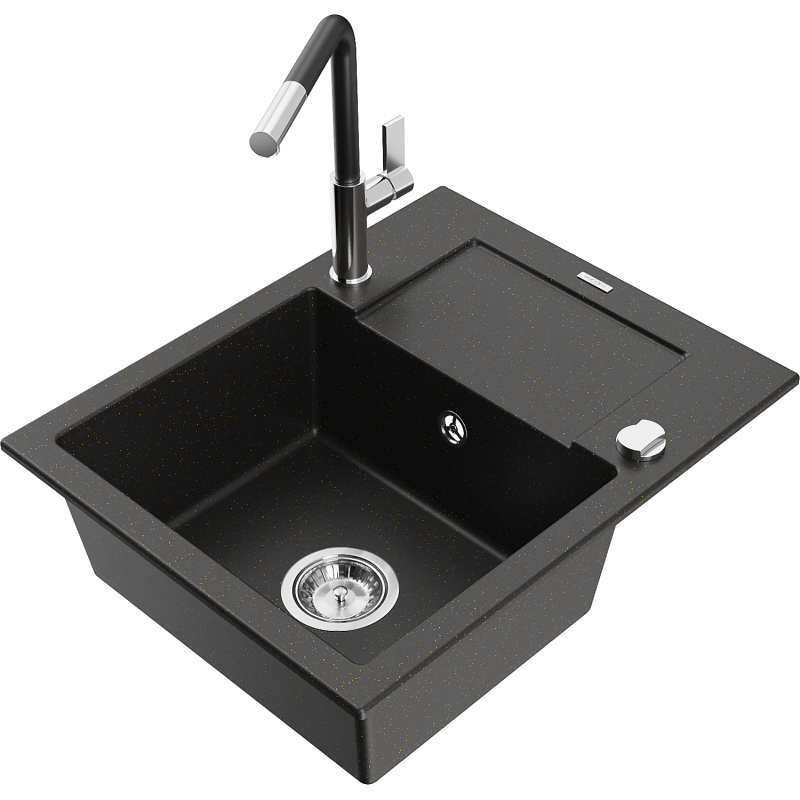 Mexen Enzo grindinis virtuvės kriauklė su vienos komoros nutekamuoju paviršiumi ir maišytuvu Flora, juodos/auksinės spalvos