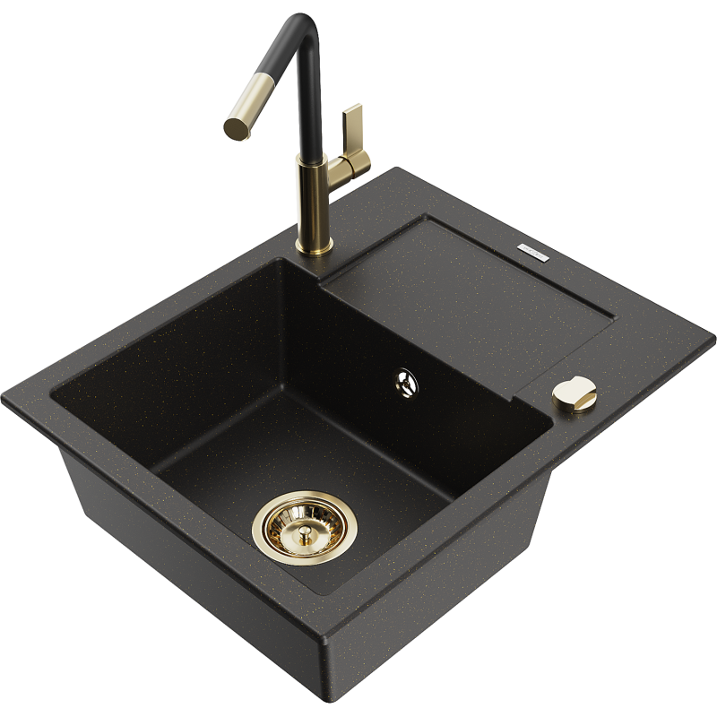 Mexen Enzo granitinė 1-skylių kriauklė su nutekėjimu ir virtuves maišytuvu Flora, juoda/auksinė metalinė