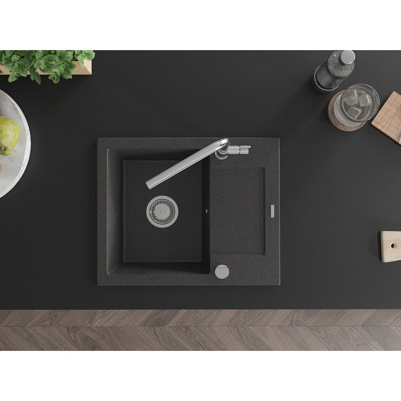 Mexen Enzo vienos kameros granito plautuvė su lašintuvu ir Flora virtuvės maišytuvu, juoda su taškeliais - 6506-76-670401-00