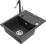 Mexen Enzo granitinis vienos kameros plautuvė su nusausintuvu ir virtuvės maišytuvu Flora, juodas dėmėtas - 6506-76-670401-07