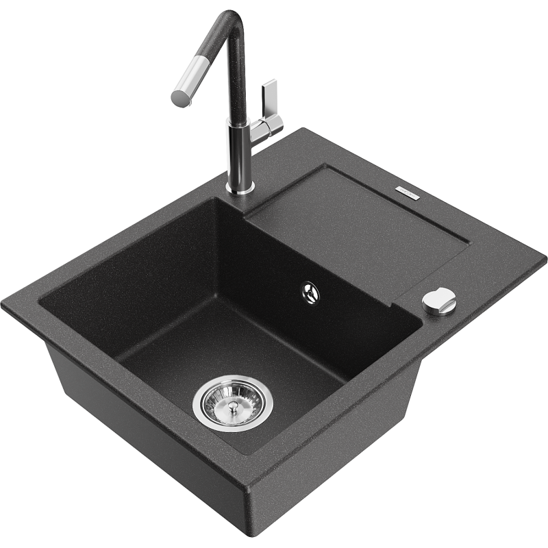 Mexen Enzo granitinė vienos skyros plautuvė su dripliu ir Flora virtuviniu maišytuvu, juoda su taškeliais