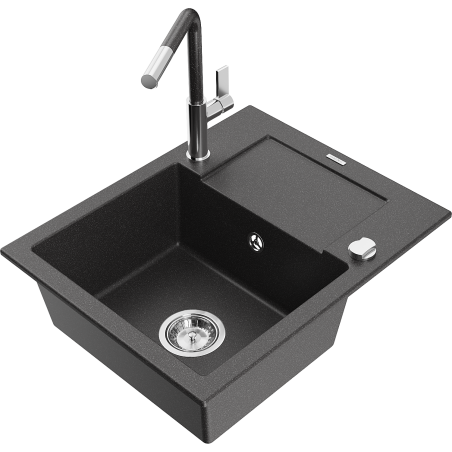 Mexen Enzo granitinė vienos skyros plautuvė su dripliu ir Flora virtuviniu maišytuvu, juoda su taškeliais