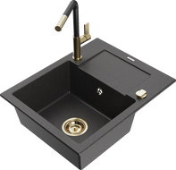 Mexen Enzo 1 kompartimento granitinė plautuvė su nusausinimo zonu ir Flora virtuvės čiaupu, juoda su dėmėmis