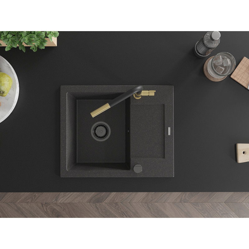 Mexen Enzo granitinė 1 kamerų plautuvė su nutekamuoju paviršiumi ir Flora virtuvės maišytuvu, juoda su taškeliais