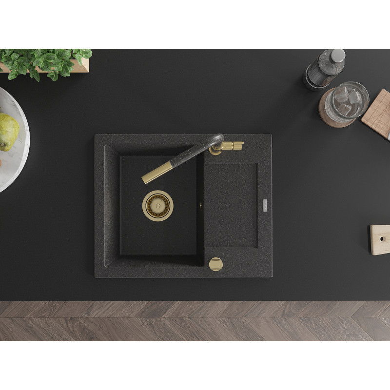 Mexen Enzo vienos kameros granitinė plautuvė su nusausintuvu ir Flora virtuviniu maišytuvu, juodas su taškeliais