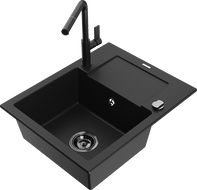 Mexen Enzo granitinis plautuvės vienos kameros su nuvarvėjimo zona ir virtuviniu maišytuvu Flora, juodas - 6506-77-670401-70-B
