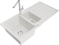 Mexen Andres granitinė kriauklė 1,5 kamerų su nusausinimo zona ir virtuviniu maišytuvu Flora, balta - 6515-20-670401-00