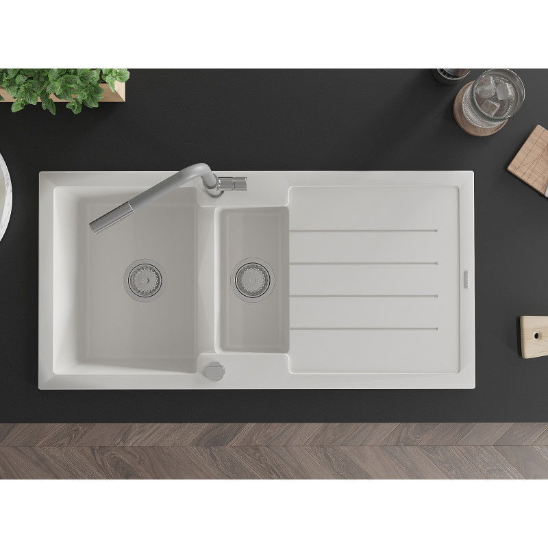 Mexen Andres granitinė 1,5 kambario plautuvė su lašintuvu ir Flora virtuviniu maišytuvu, balta - 6515-20-670401-06