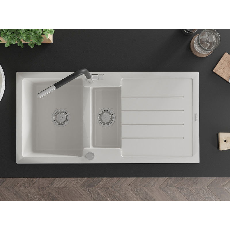 Mexen Andres granitinė 1,5 kamerų kriauklė su nusodintuvu ir Flora virtuvės maišytuvu, balta - 6515-20-670401-07