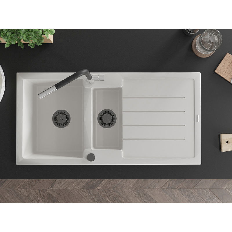 Mexen Andres granito kriauklė 1,5 kamerų su nutekamu ir virtuviniu maišytuvu Flora, balta - 6515-20-670401-07-B